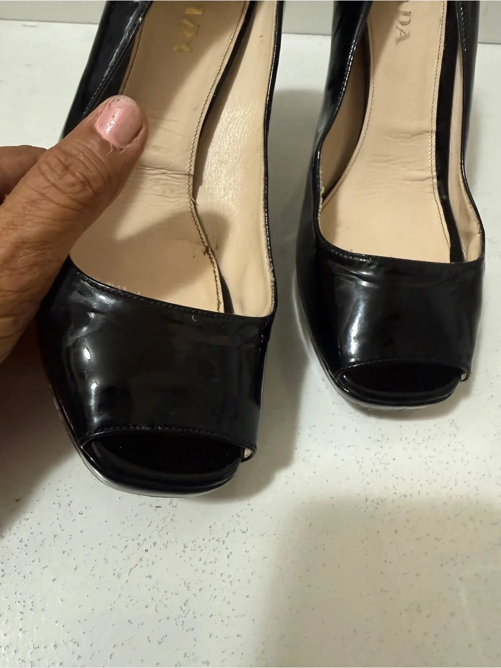 Prada Black Patent Peep-Toe Heels. Chic and very comfy, perfect for wider feet